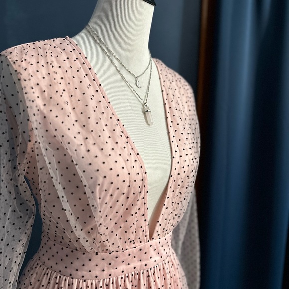 Pink Polkadot Plunge V Front Long Sleeve Mini Dress - Picture 3 of 10